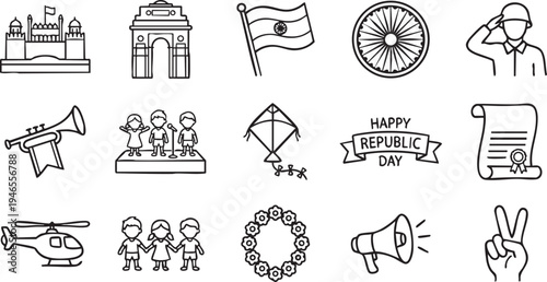 A comprehensive collection of outline icons representing symbols and celebrations for India's Republic Day, perfect for patriotic designs.
