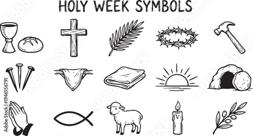 A comprehensive collection of hand-drawn holy week symbols illustrating essential Christian faith elements and significant Easter religious traditions.