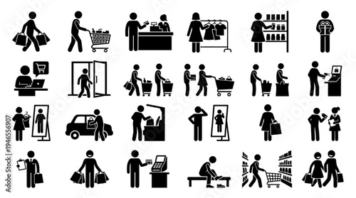 Shopping Activity Silhouette Icon Set Vector – Retail Customer Store Lifestyle Collection