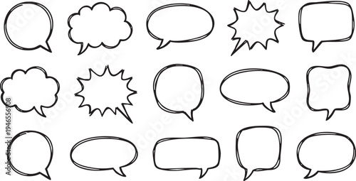 Collection of fifteen hand drawn black and white speech bubble outlines in various unique shapes and styles