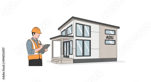Modern Accessory Dwelling Unit (ADU) Illustration with Building Inspector or Construction Worker Holding a Clipboard