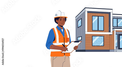 Black Female Construction Engineer with Clipboard and Hard Hat Standing by a Modern Modular House Vector Illustration