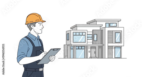 Professional Construction Inspector with Clipboard Evaluating Modern House Architecture - Real Estate and Building Planning Illustration