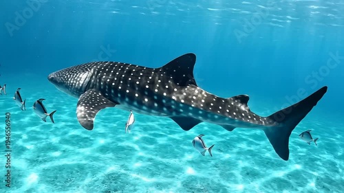Whale sharks and pilot fish swimming in clear blue ocean water