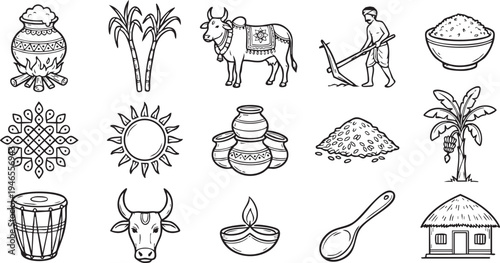Collection of traditional black and white line art icons representing elements of a harvest festival celebration
