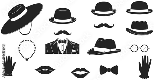 Retro Gentleman Fashion Vector Featuring Classic Accessories Mustache Hat Bowler Fedora Vintage Style Men’s Outfit Illustration Retro Style Iconic Male Character Design