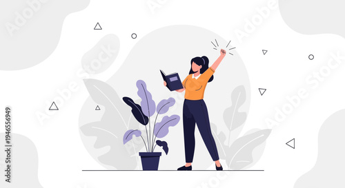 Woman reading book and celebrating success with raised fist, modern flat illustration