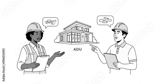 ADU Construction Planning Illustration: Diverse Architects Discussing Accessory Dwelling Unit Design and Development Projects
