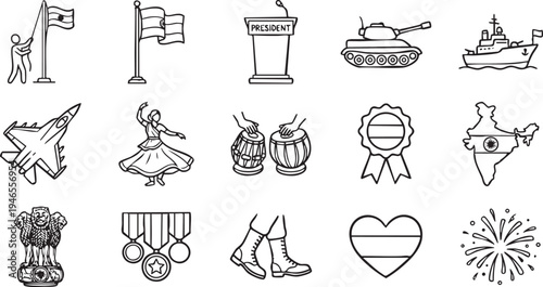 This outline icon set beautifully portrays India's national identity, patriotism, rich cultural heritage, and defense symbols in a minimalist line art style.