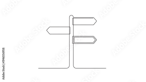 Signpost with multiple arrow shaped signs pointing in different directions, presented as a simple line art.