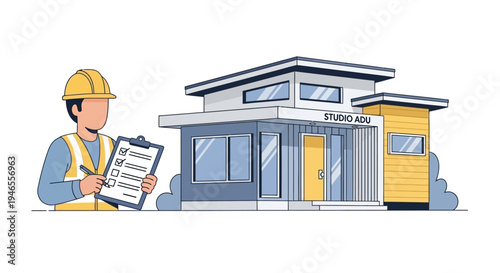 Building Inspector with Checklist at Modern Studio ADU Construction Site Vector Illustration