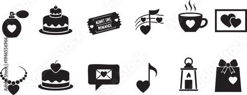 A charming collection of Valentine's Day love and romance icons featuring hearts, gifts, and sweet celebrations.