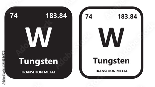 Tungsten element symbol W with atomic number 74 and atomic weight 183.84 shown in black and white icons.
