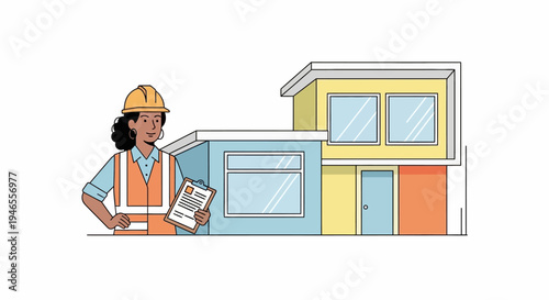 Female Construction Inspector in Safety Vest and Hard Hat with Clipboard Standing in Front of a Modern Residential House Illustration