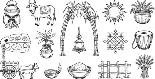Collection of hand-drawn line art illustrations showcasing various traditional elements and symbols associated with the Indian Pongal harvest festival.