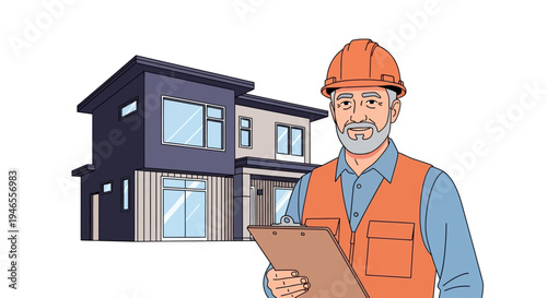 Senior Professional Building Inspector or Construction Worker in Safety Gear Holding Clipboard in Front of Modern Residential House Illustration