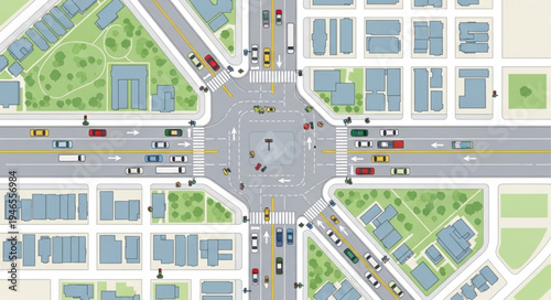 Aerial View of a Busy City Intersection with Traffic.