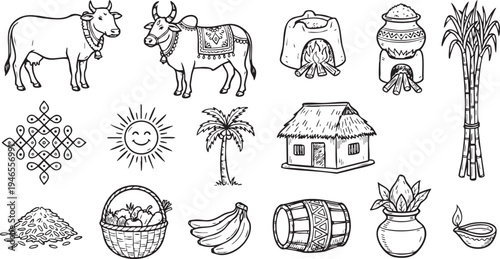 Collection of traditional black and white line art icons representing elements of the harvest festival Pongal celebration