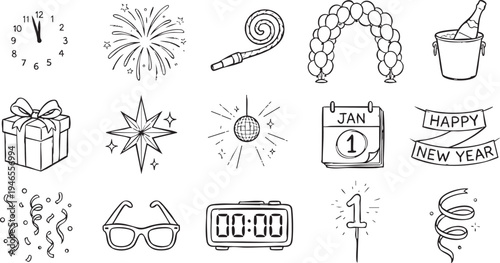 Collection of hand drawn black and white icons representing various celebrations and elements associated with New Year's Eve countdown moments.