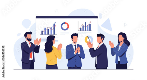 Business team applauding success in front of a presentation screen with charts