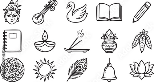 Collection of doodle icons representing Hindu religious worship items and symbols for learning