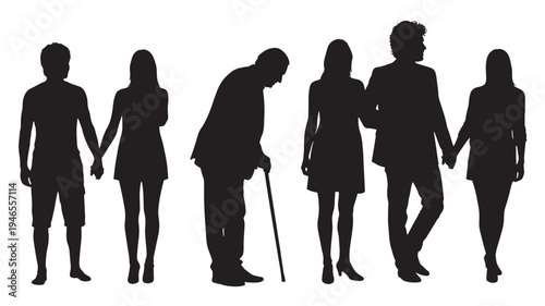Silhouettes of diverse people holding hands, representing family and generational connections across different ages.