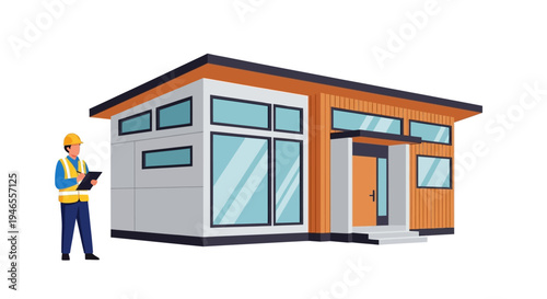 Modern Prefabricated Modular Home with Construction Inspector Holding Clipboard - Sustainable Architecture and Real Estate Development Concept Illustration
