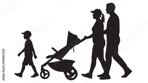 Silhouette of a family including a child and parents pushing a stroller, all in black on a white background