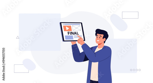 Man presenting digital tablet with final video project on screen, modern design