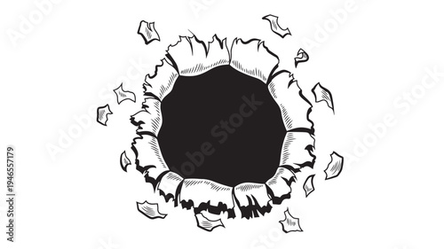 Torn hole effect with torn paper fragments and illustrative shading on a white background, representing destruction.