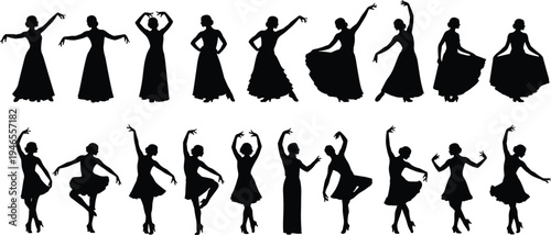 Diverse Female Dancer Silhouettes Vector Collection Featuring Elegant Ballerinas and Flamenco Dancers in Graceful Performance Poses for Creative Design Projects