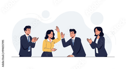 Teamwork success: colleagues high five and applaud in a modern office setting.