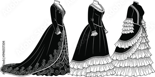 Vintage Victorian Era Gowns Vector Set Featuring Elegant Black Dresses with Ruffled Skirts Lace Details and Ornate Embroidery for Fashion