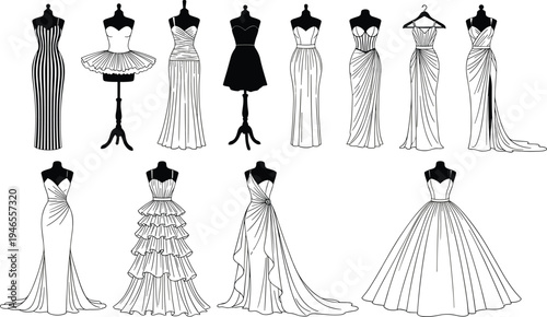 Women Fashion Collection Vector Set Featuring Various Styles of Casual Dresses Mini Skirts and Midi Skirts for Modern Apparel Design