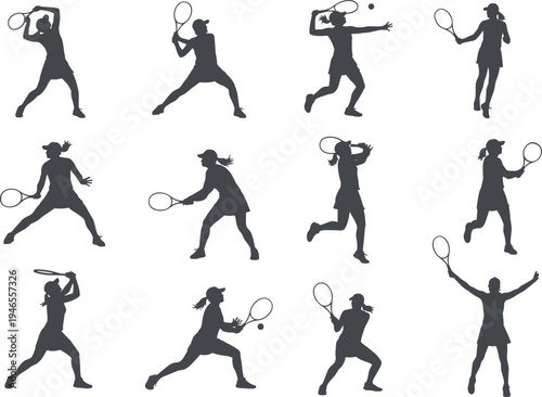 Tennis player silhouettes collection, dynamic racket swing poses, female athlete action sequence, sport motion set, isolated black vector illustration for creative design
