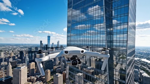 A dynamic drone glides effortlessly against a backdrop of towering skyscrapers, capturing breathtaking panoramic shots of the bustling city below.