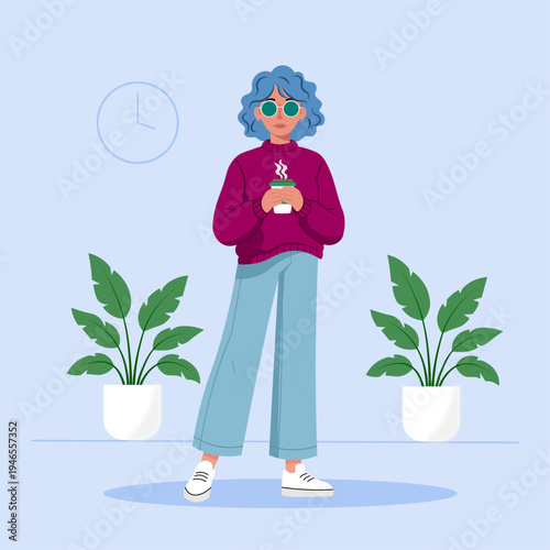 Trendy woman with blue curly hair holding a hot coffee cup in a modern room with house plants flat vector illustration