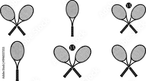 Tennis racket silhouette icon set, black crossed racquets with balls collection, classic court sport equipment symbols, clean flat vector illustration isolated on white background