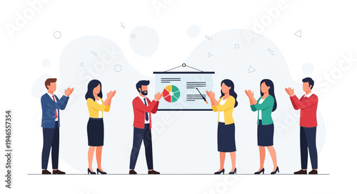 Business team applauding presentation success with pie chart on whiteboard