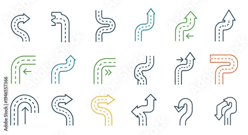 Collection of Road Direction Icons in Linear Style.