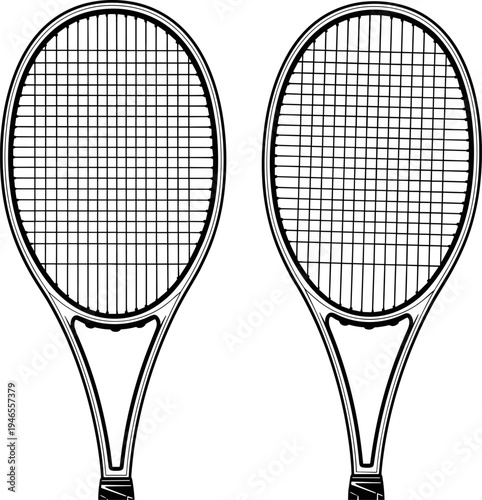 Tennis racket silhouette vector illustration set, professional sports equipment icons, black and white racquet designs for game, training, fitness, tournament, branding use