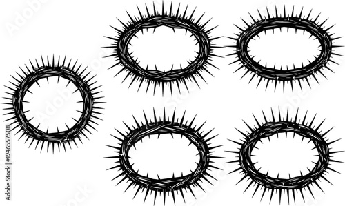 Thorn crown ring silhouette collection, spiked circular frames and abstract borders set, dramatic black vector illustration isolated on white background