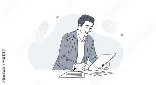 Smiling businessman reviewing documents at desk, minimalist illustration