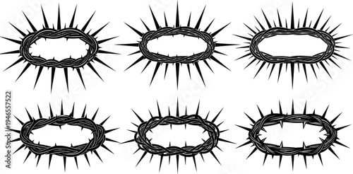 Thorn crown silhouettes vector illustration set, religious symbolic frames collection, dramatic spiked wreath designs isolated on white background, biblical, sacred, icon art