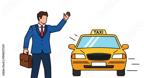 Man Hailing Yellow Taxi Cab.