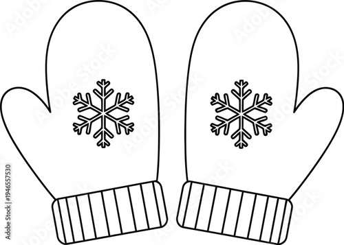 A pair of mittens with snowflakes on a white background for winter clothing