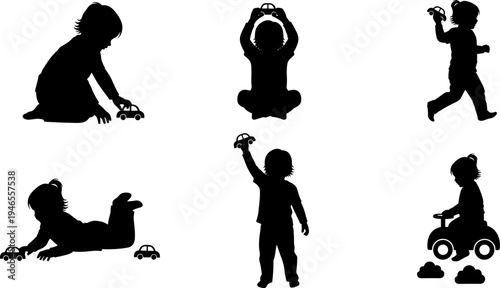 Toddler silhouettes playing with toy cars, children activity poses collection, kids transportation play moments, black vector illustration isolated on white background