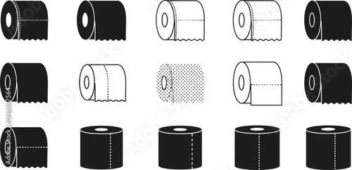 Toilet paper roll icon set, bathroom hygiene tissue vector illustration, black and white restroom symbols isolated on white background for design use