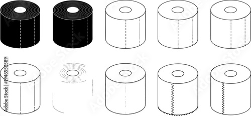 Toilet paper roll icon set, black and outline tissue cylinder symbols, bathroom hygiene vector collection for packaging, web, app, infographic design