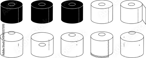 Toilet paper roll icons set, tissue paper cylinder collection, bathroom hygiene product silhouettes, black and outline styles, household supplies vector illustration, isolated on white background